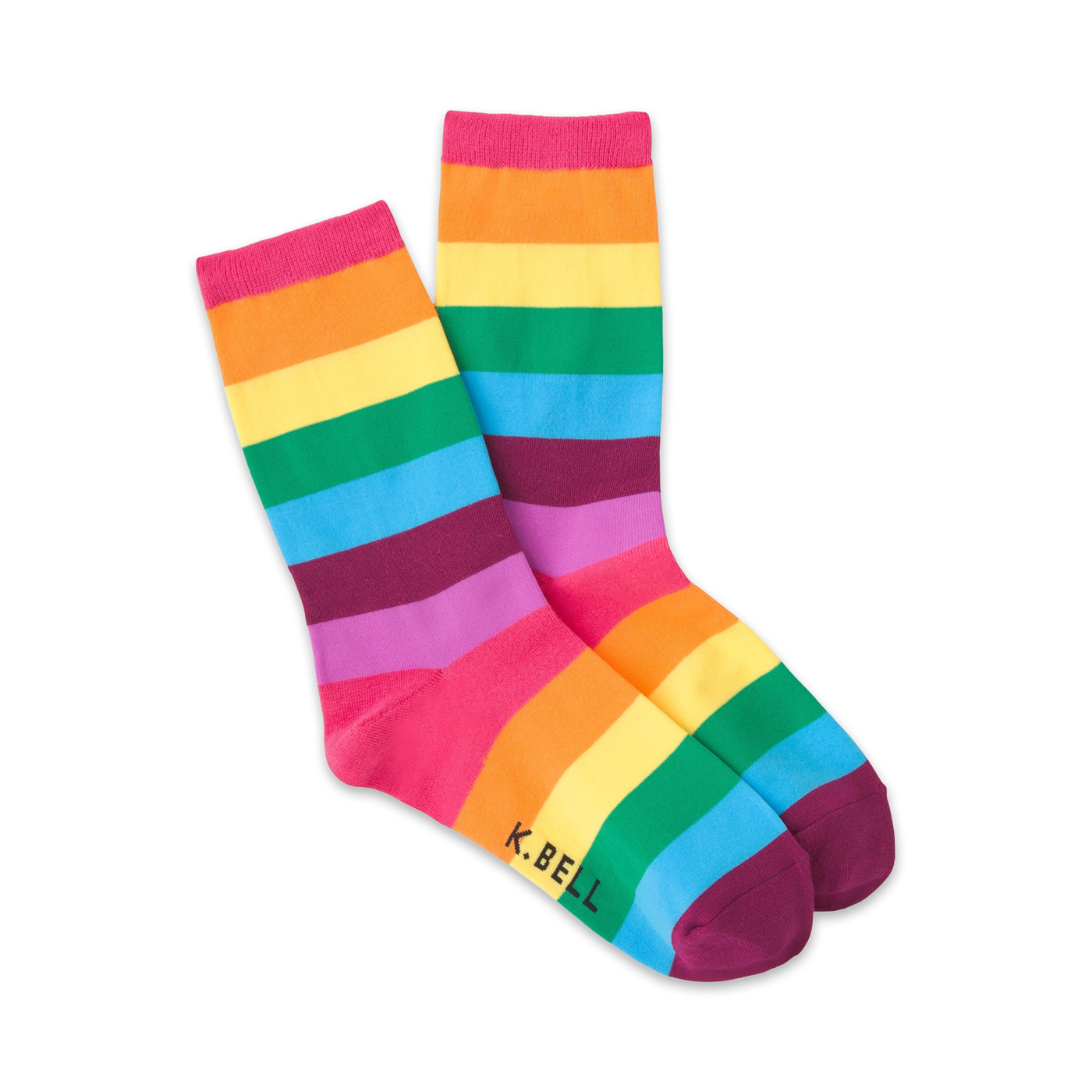 A pair of crew socks in a rainbow stripe pattern.  The colors are pink, orange, yellow, green, light blue, purple, and maroon.