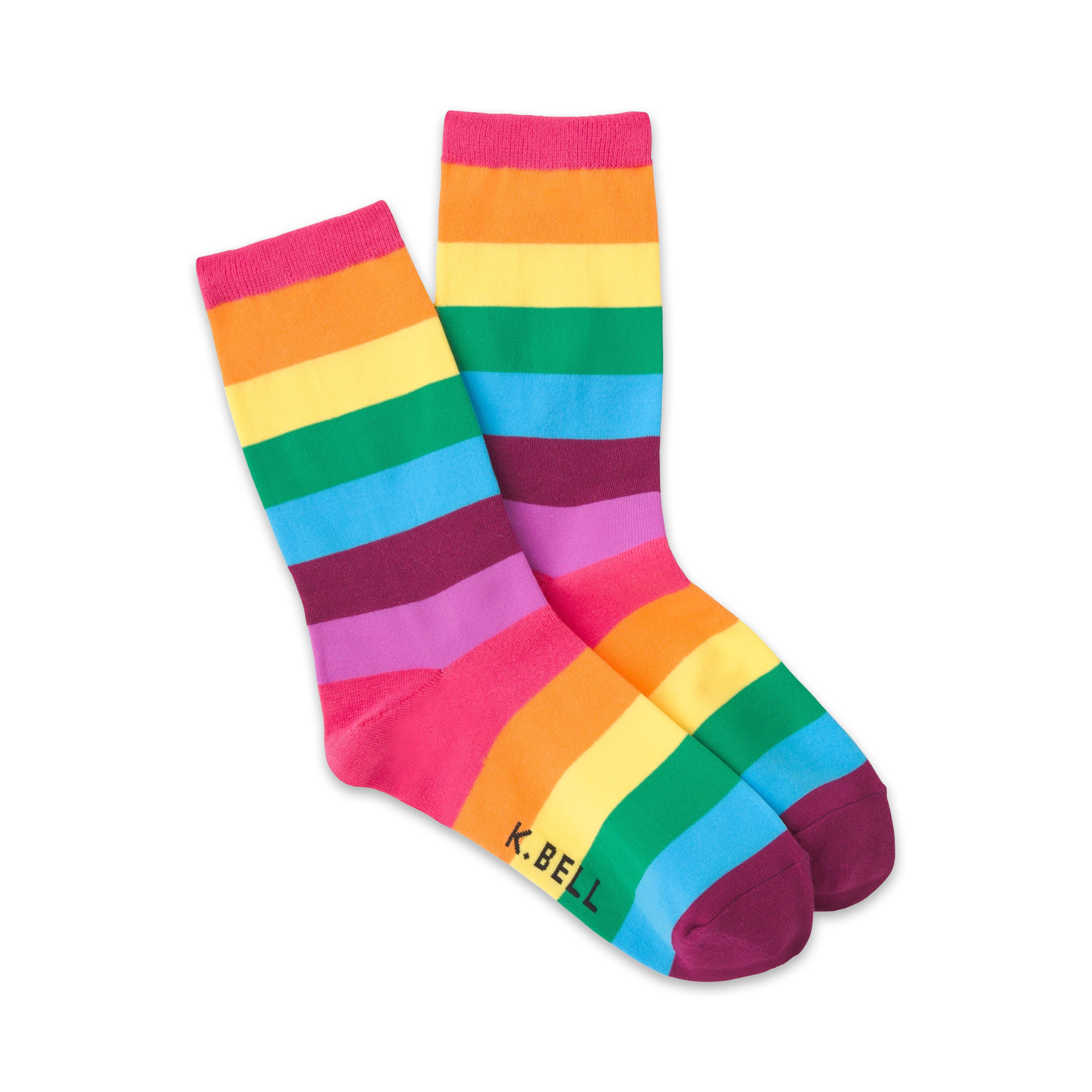 A pair of crew socks in a rainbow stripe pattern.  The colors are pink, orange, yellow, green, light blue, purple, and maroon.