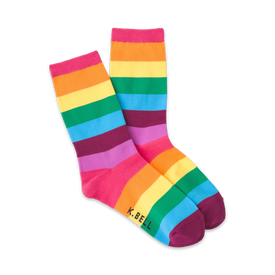 womens crew socks with a repeating horizontal rainbow stripe pattern. pride theme.  
