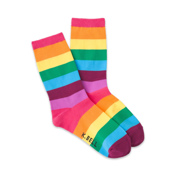 womens crew socks with a repeating horizontal rainbow stripe pattern. pride theme.  