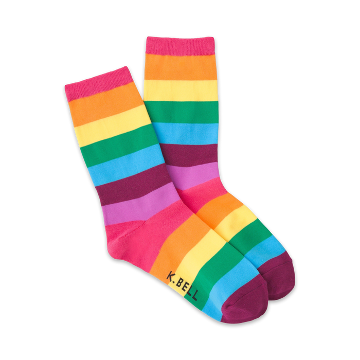 womens crew socks with a repeating horizontal rainbow stripe pattern. pride theme.   }}