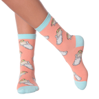 Lifestyle shot of the Burrito socks on a person's legs.  Shows how the socks fit and look when worn.