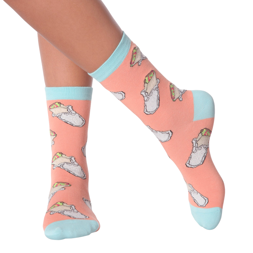 Lifestyle shot of the Burrito socks on a person's legs.  Shows how the socks fit and look when worn.