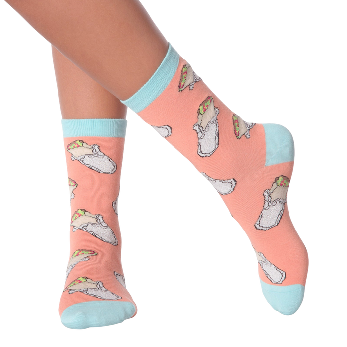 Lifestyle shot of the Burrito socks on a person's legs.  Shows how the socks fit and look when worn.