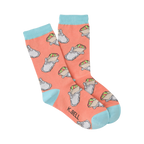 Pair of crew socks, peachy-coral with a repeating pattern of illustrated burritos and light teal cuffs.