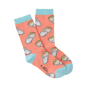 Pair of crew socks, peachy-coral with a repeating pattern of illustrated burritos and light teal cuffs.