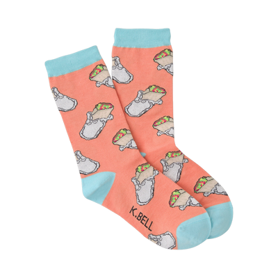 Pair of crew socks, peachy-coral with a repeating pattern of illustrated burritos and light teal cuffs.