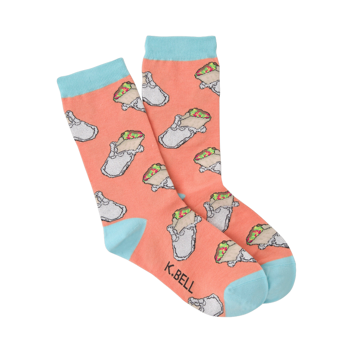 Pair of crew socks, peachy-coral with a repeating pattern of illustrated burritos and light teal cuffs.