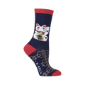 Crew socks, navy blue with red accents. Feature a large white Maneki-neko (lucky cat) and a gold pattern.