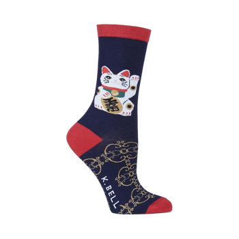 Crew socks, navy blue with red accents. Feature a large white Maneki-neko (lucky cat) and a gold pattern.