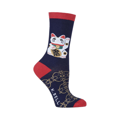 Crew socks, navy blue with red accents. Feature a large white Maneki-neko (lucky cat) and a gold pattern.