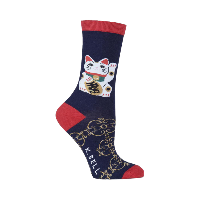 Crew socks, navy blue with red accents. Feature a large white Maneki-neko (lucky cat) and a gold pattern. }}
