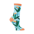 Crew socks in light blue, featuring orange and green Birds of Paradise flowers. Coral-colored heel and toe.