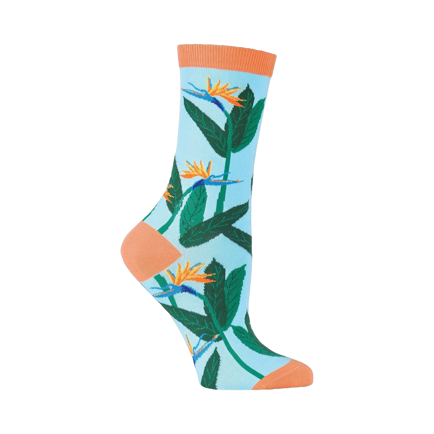 Crew socks in light blue, featuring orange and green Birds of Paradise flowers. Coral-colored heel and toe.