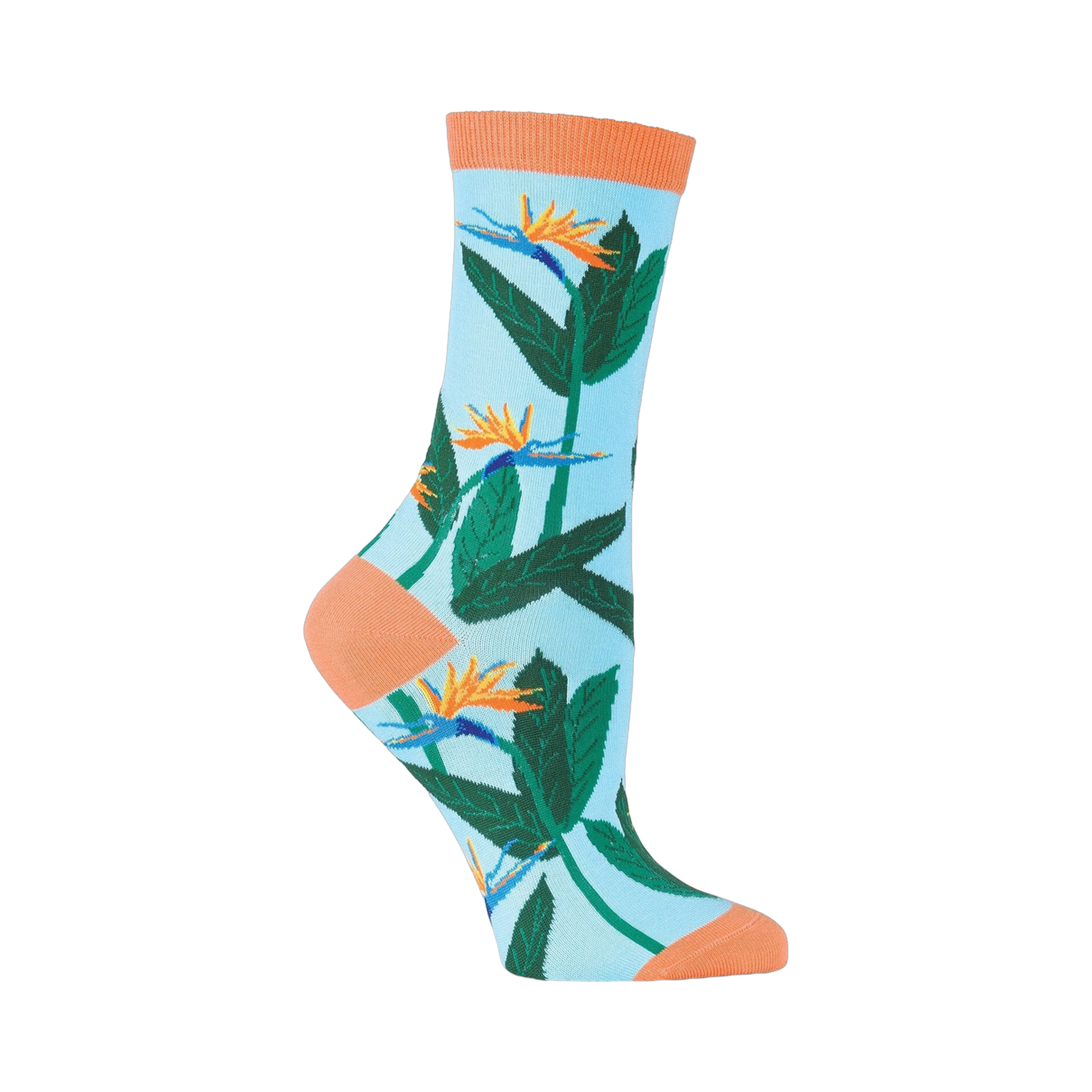 Crew socks in light blue, featuring orange and green Birds of Paradise flowers. Coral-colored heel and toe.