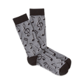 Pair of grey crew socks with a black musical note pattern.  Dark brown cuffs.