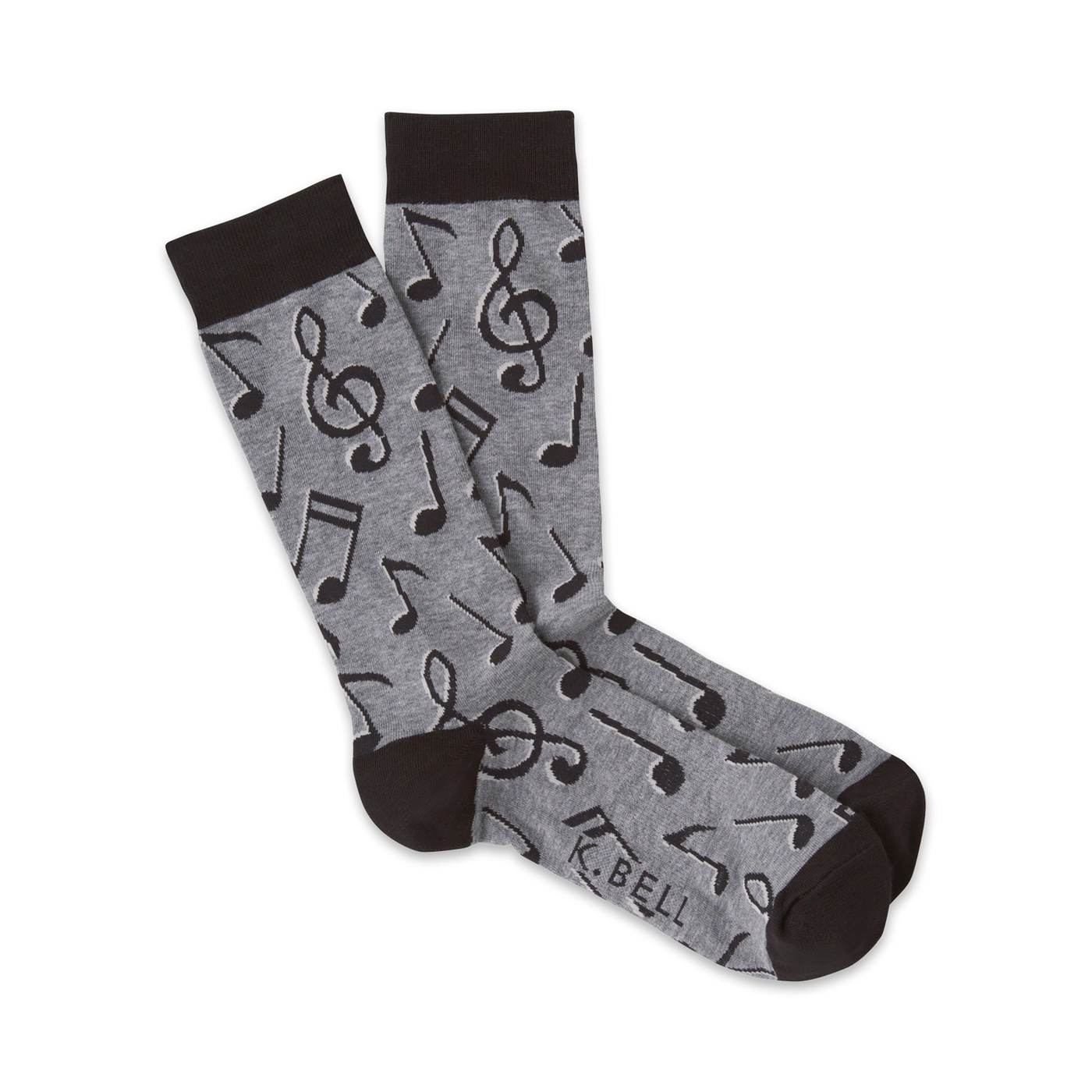 Pair of grey crew socks with a black musical note pattern.  Dark brown cuffs.