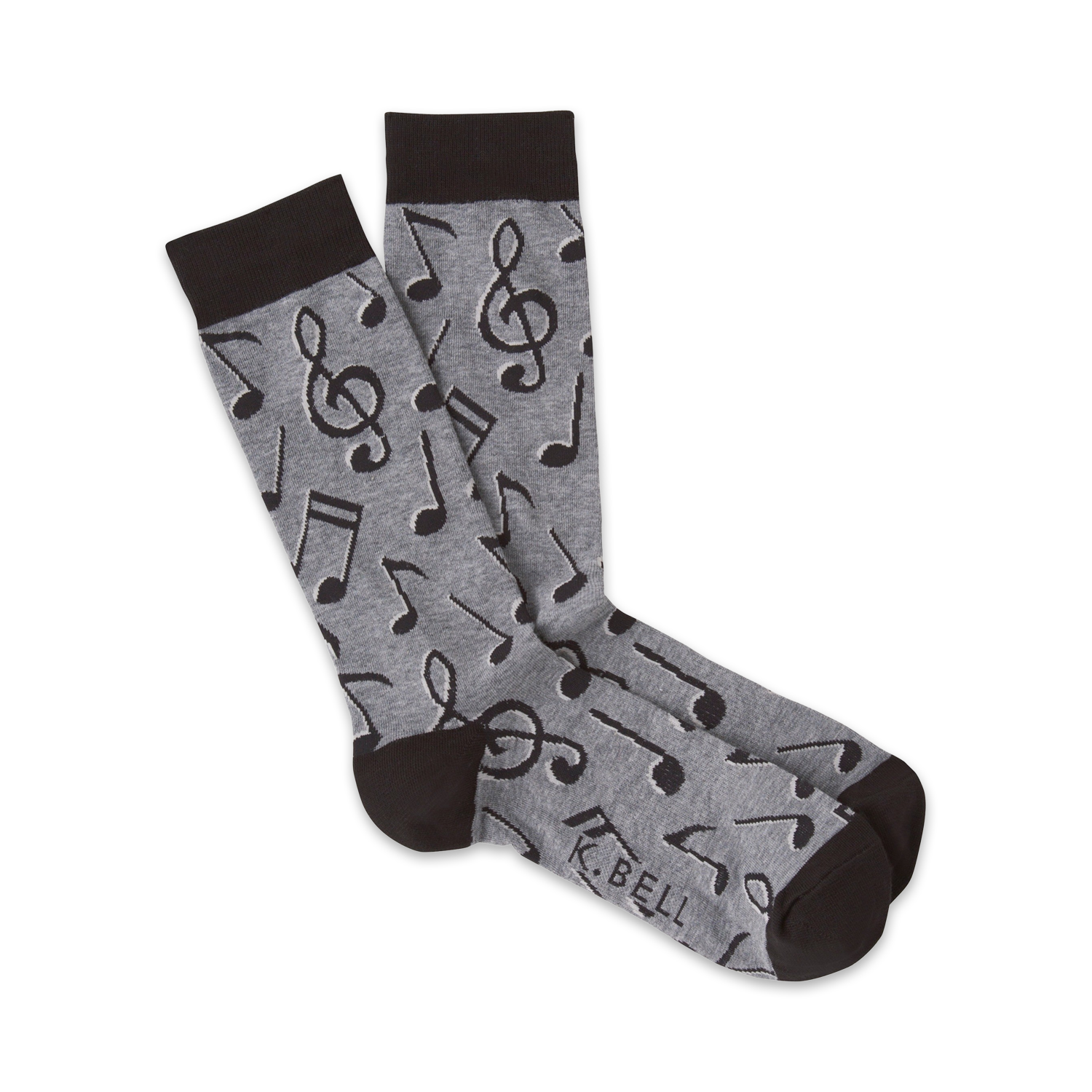 Pair of grey crew socks with a black musical note pattern.  Dark brown cuffs.