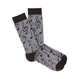 men's music notes crew socks: black treble clefs and eighth notes pattern on gray background.  