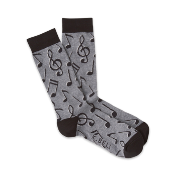 men's music notes crew socks: black treble clefs and eighth notes pattern on gray background.  