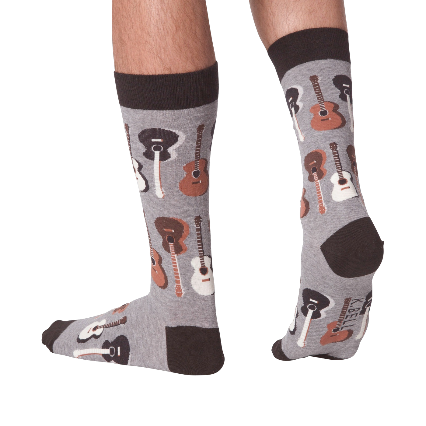 Lifestyle shot of a person wearing the guitar socks, showcasing how they look on feet.