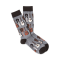 Pair of grey crew socks with a pattern of brown and white acoustic guitars. Dark brown cuff.