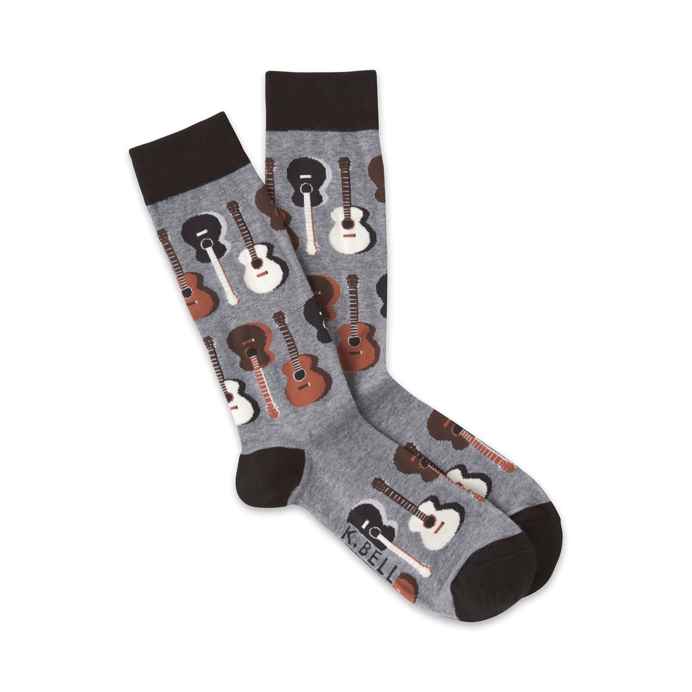 Pair of grey crew socks with a pattern of brown and white acoustic guitars. Dark brown cuff.