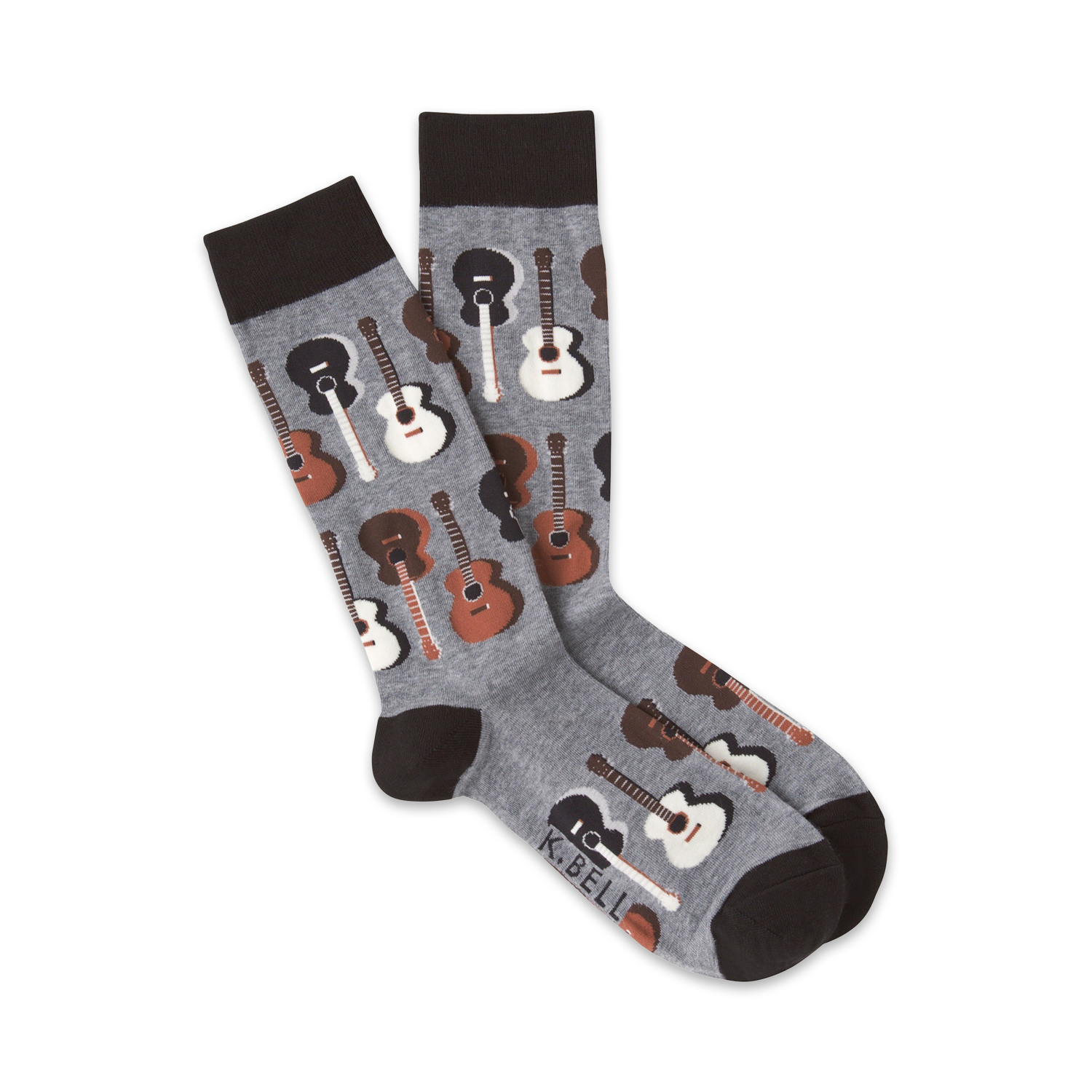 Pair of grey crew socks with a pattern of brown and white acoustic guitars. Dark brown cuff.