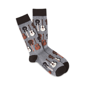 gray crew socks with brown and white guitar pattern for men who love music  
