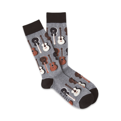 gray crew socks with brown and white guitar pattern for men who love music  