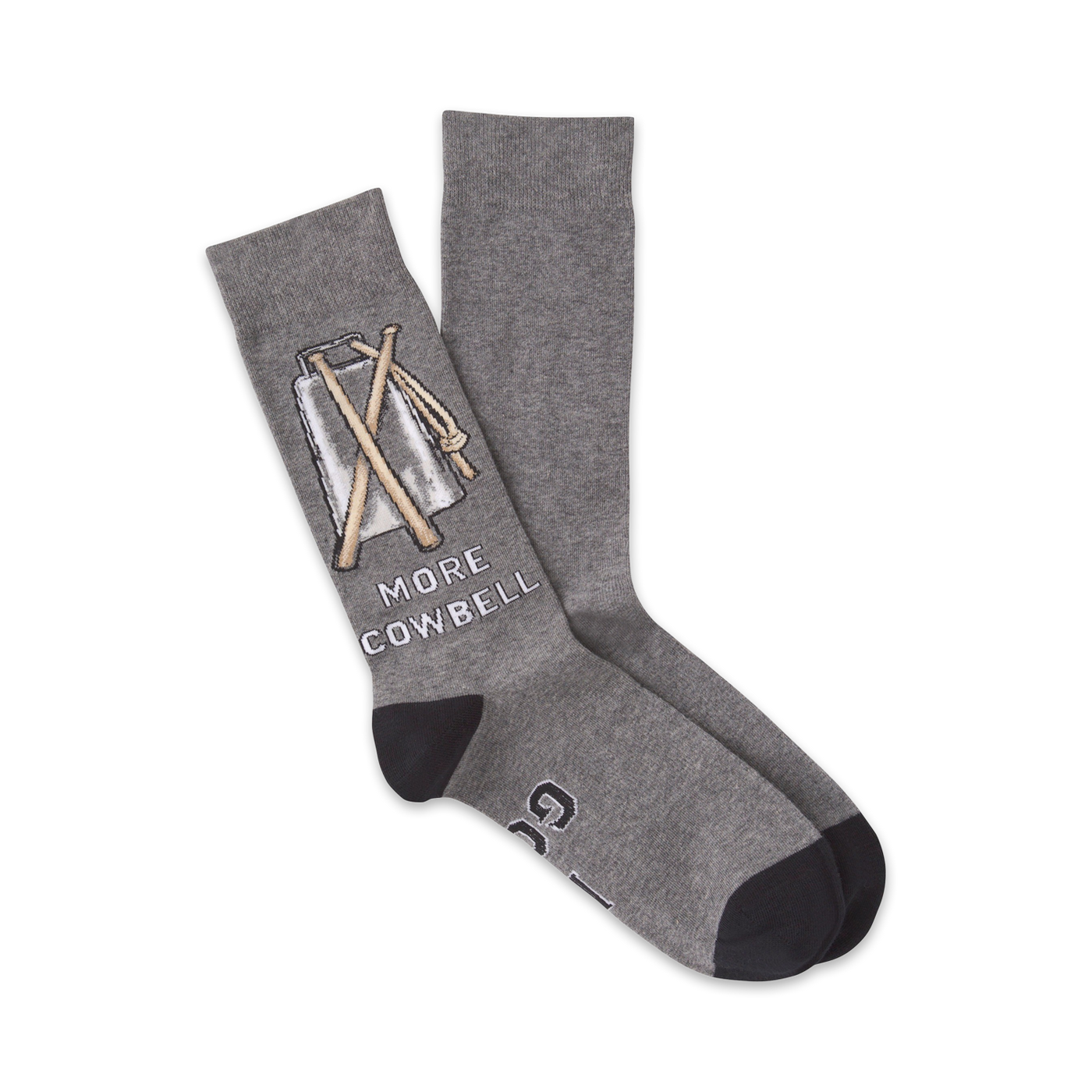 Pair of grey crew socks with a graphic of a cowbell and mallets. Text reads 'More Cowbell'. Dark grey cuffs.
