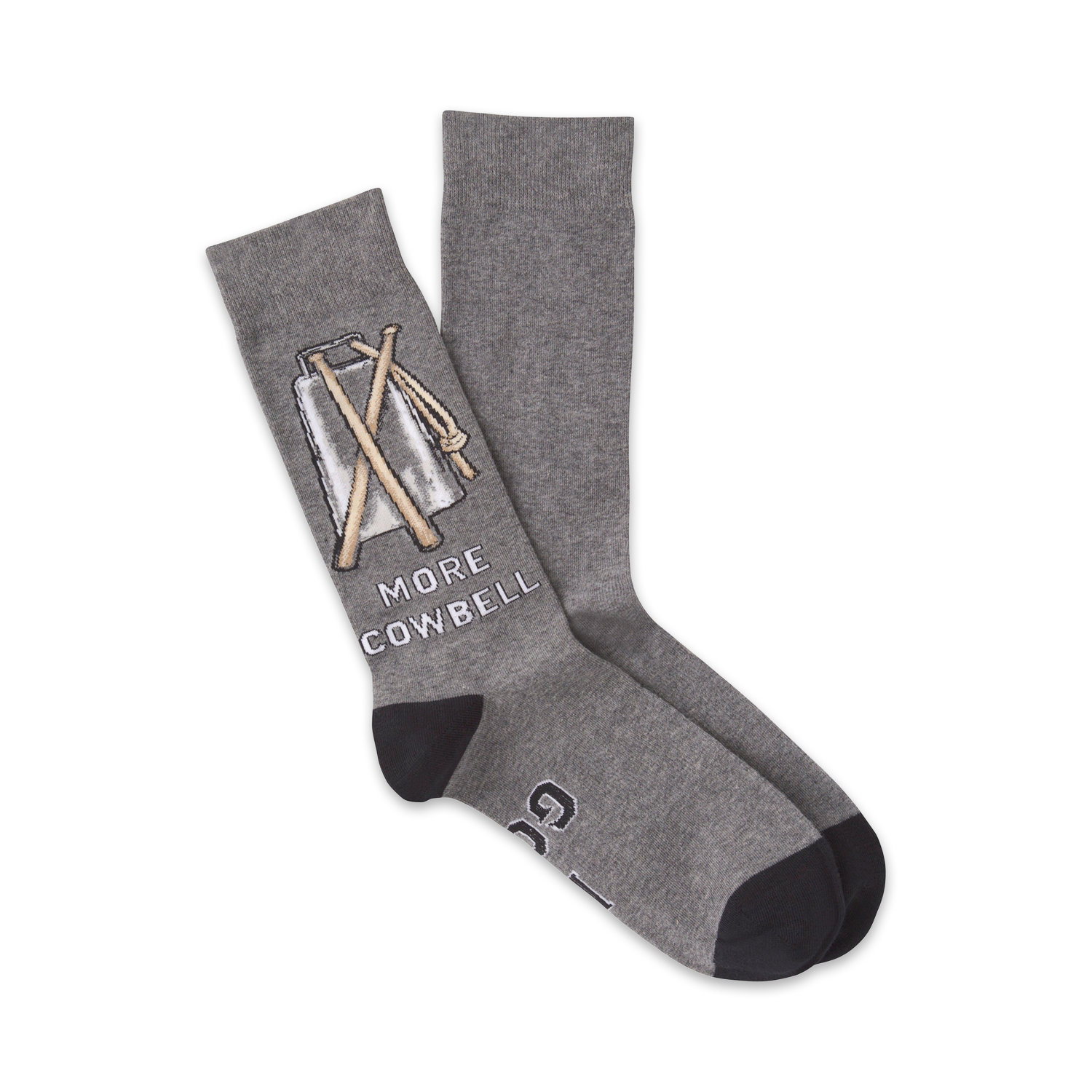 Pair of grey crew socks with a graphic of a cowbell and mallets. Text reads 'More Cowbell'. Dark grey cuffs.