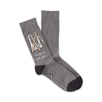 gray crew socks with black toes and heels featuring a cowbell with drumsticks and the words 'more cowbell' written vertically.   