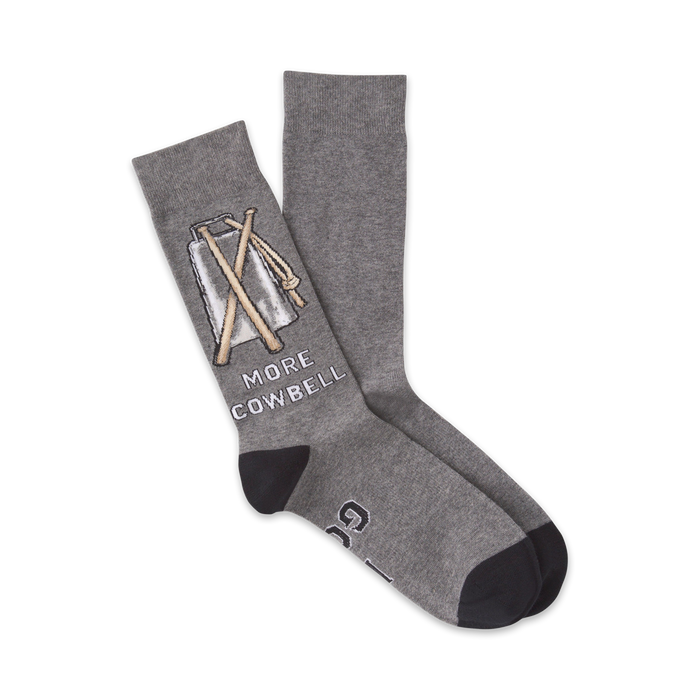 gray crew socks with black toes and heels featuring a cowbell with drumsticks and the words 'more cowbell' written vertically.    }}
