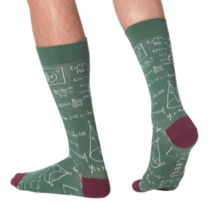 A pair of green socks with burgundy toes and heels. The socks are covered in white math equations and symbols.