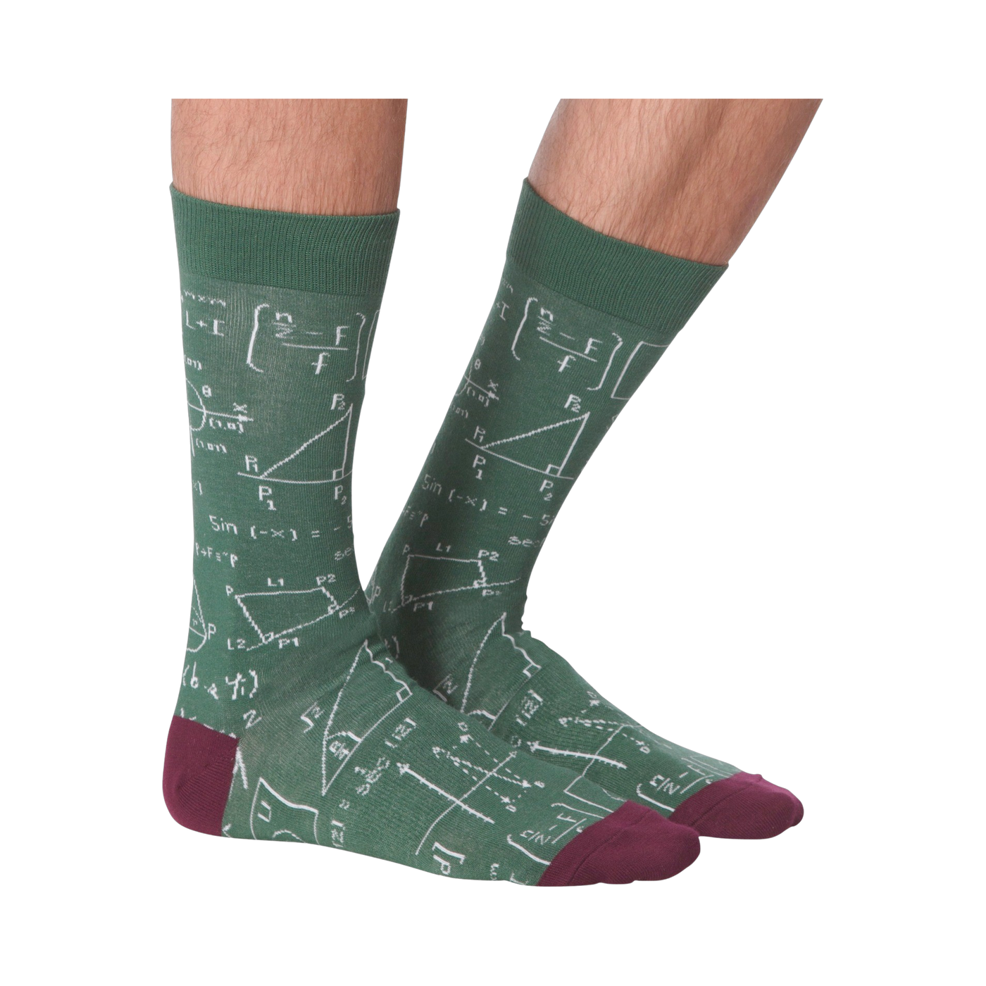 Back view of the Math Equations socks on a person's legs; displays the full design on the back of the socks.