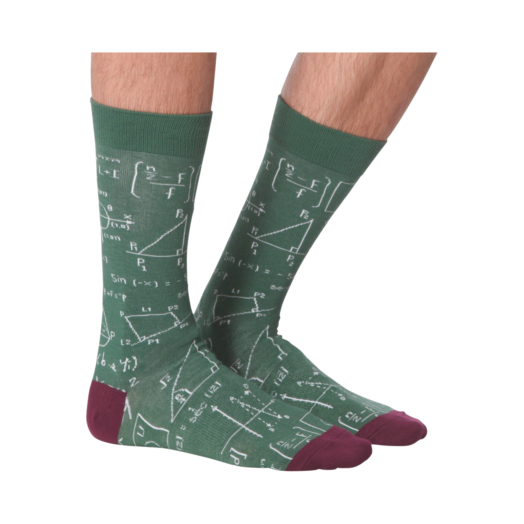 Back view of the Math Equations socks on a person's legs; displays the full design on the back of the socks.