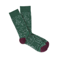 Pair of green crew socks with a chalkboard print featuring math equations, geometric shapes, and a maroon cuff.