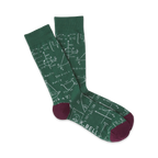 Pair of green crew socks with a chalkboard print featuring math equations, geometric shapes, and a maroon cuff.