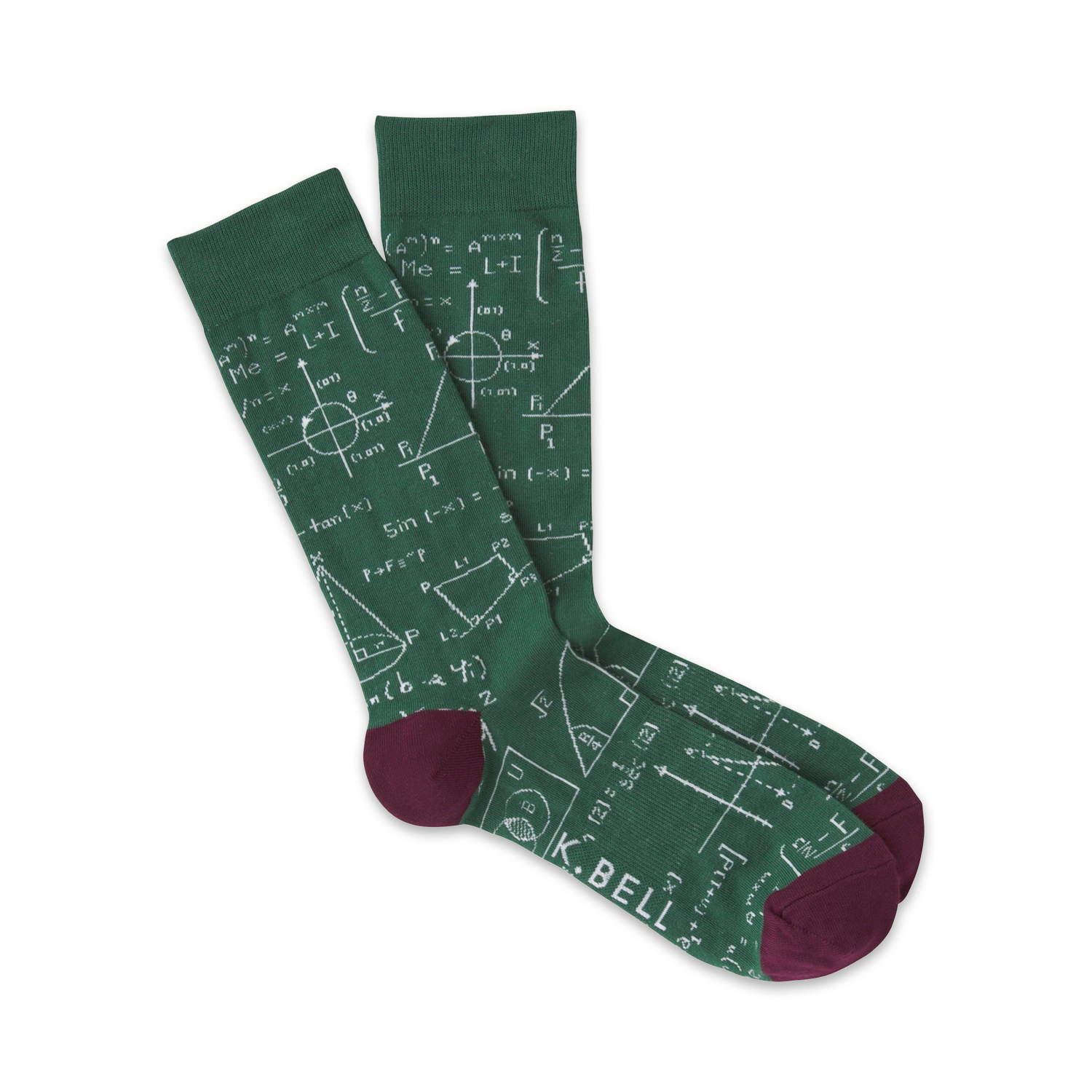 Pair of green crew socks with a chalkboard print featuring math equations, geometric shapes, and a maroon cuff.
