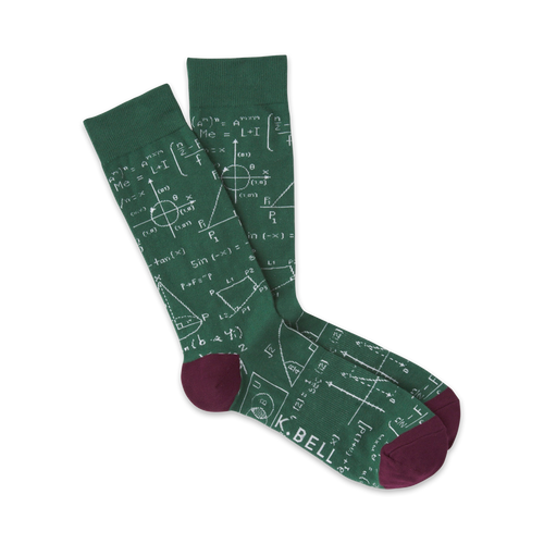 Pair of green crew socks with a chalkboard print featuring math equations, geometric shapes, and a maroon cuff.