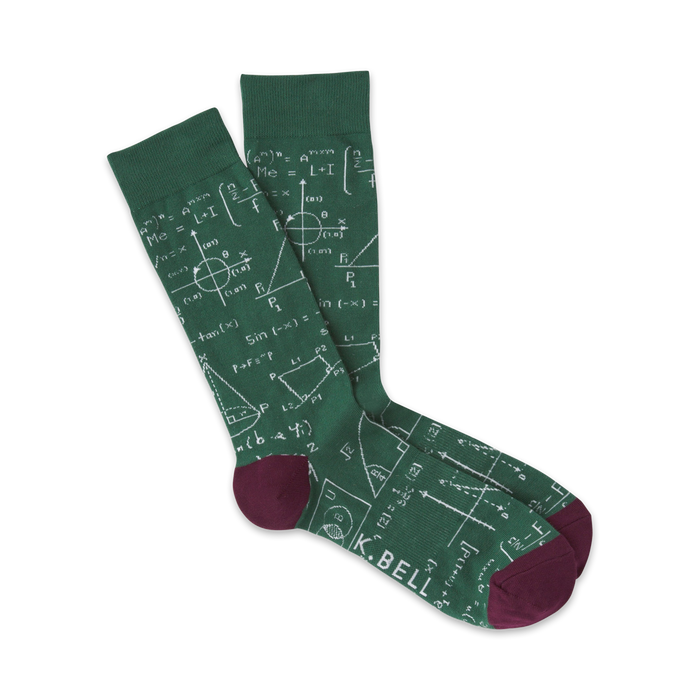  dark green crew socks with white math equations and graphs. perfect for mathletes!  