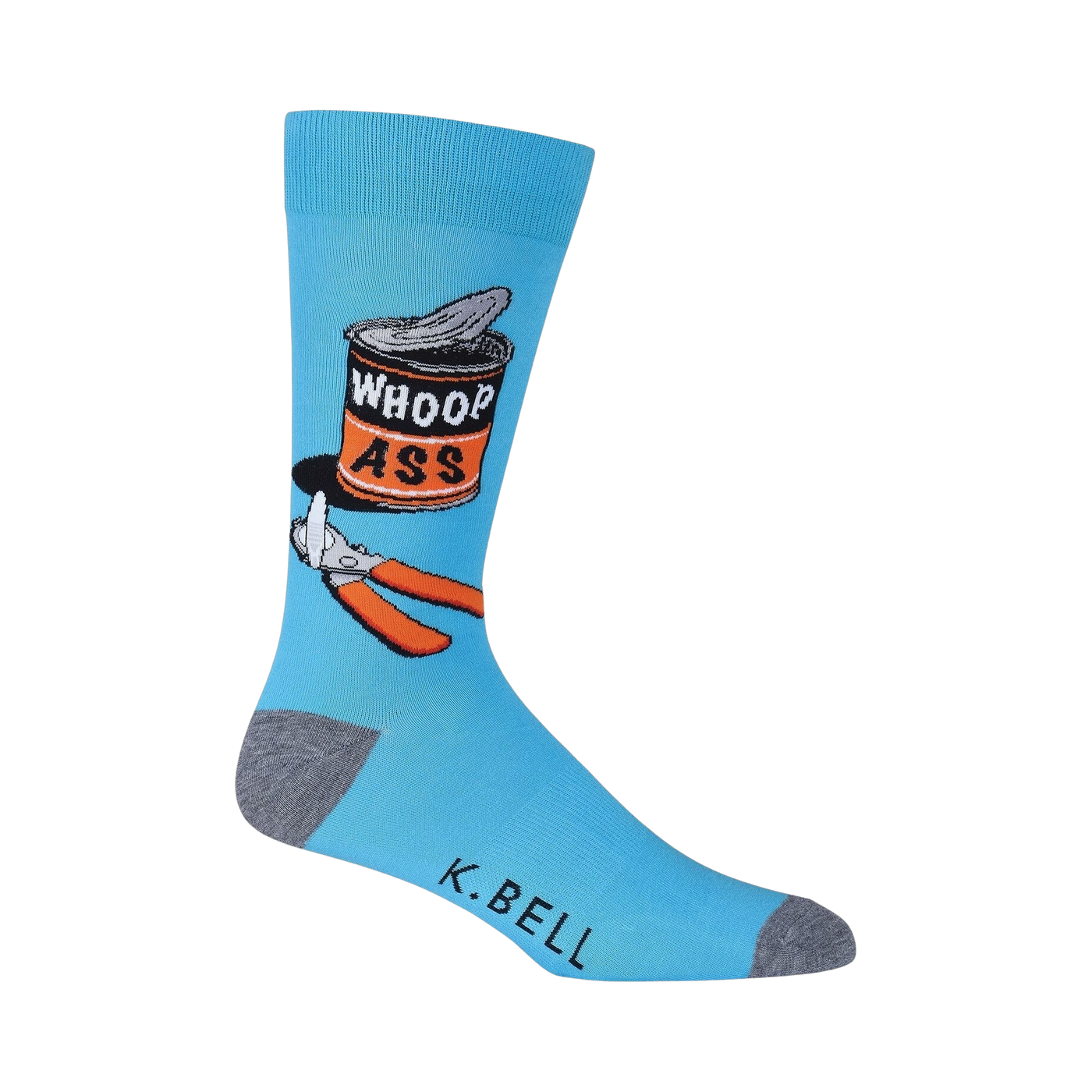 Close-up of a single blue 'Whoop Ass' sock on a black background, showing detail of the design.