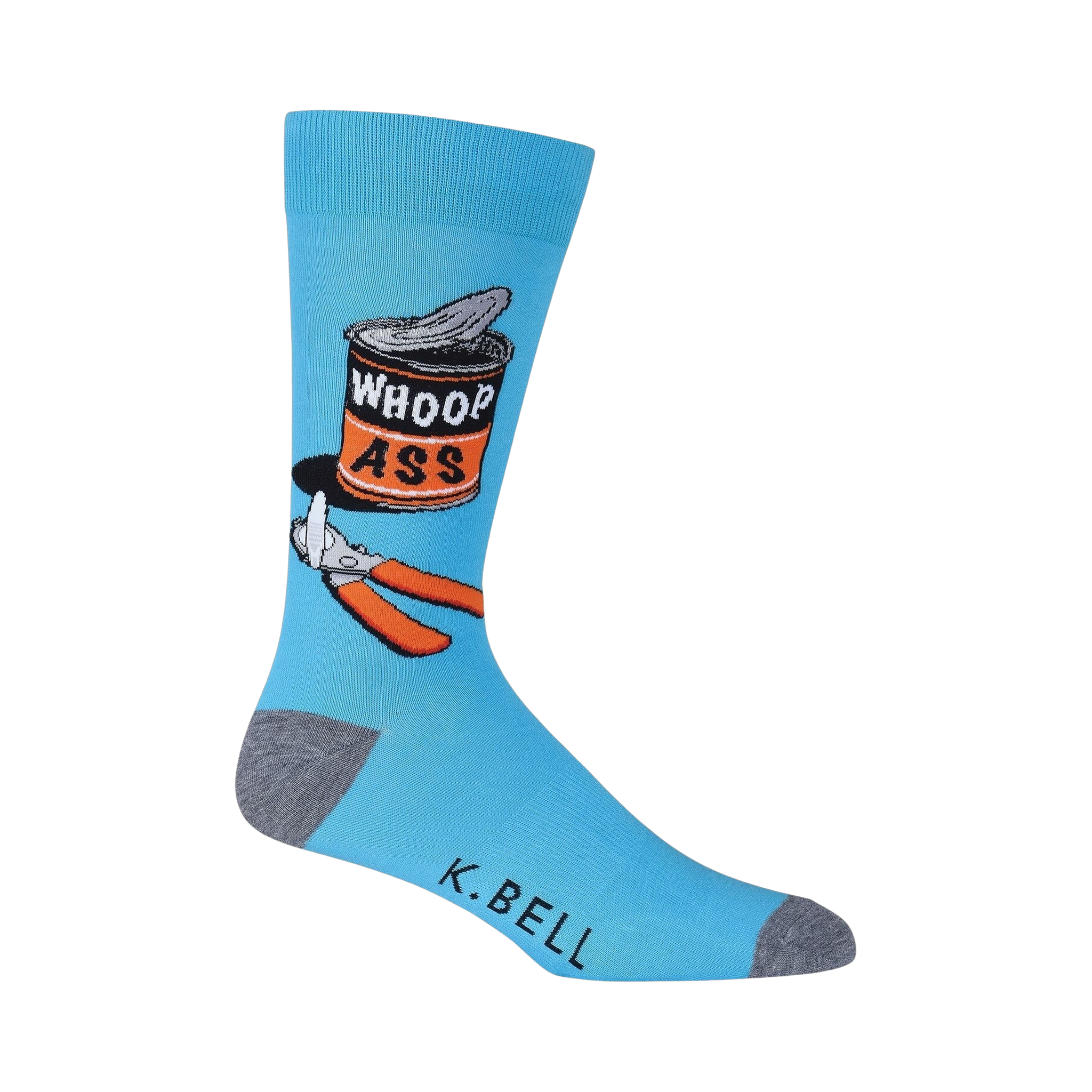 Close-up of a single blue 'Whoop Ass' sock on a black background, showing detail of the design.