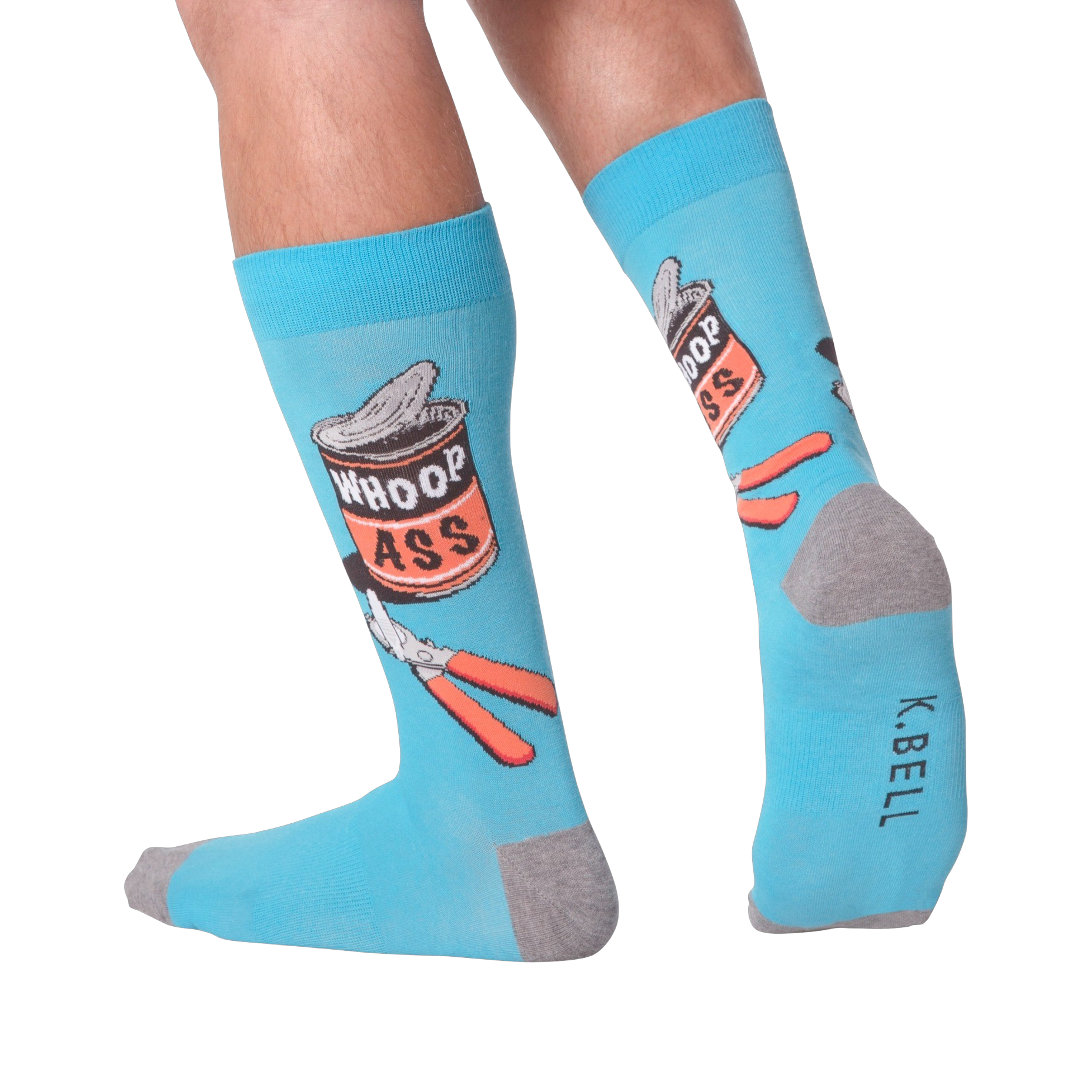 A person's legs wearing the 'Whoop Ass' socks. Shows the socks on feet.