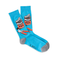 Pair of blue crew socks with a graphic design of a can labeled 'Whoop Ass' and a can opener. Gray cuff.