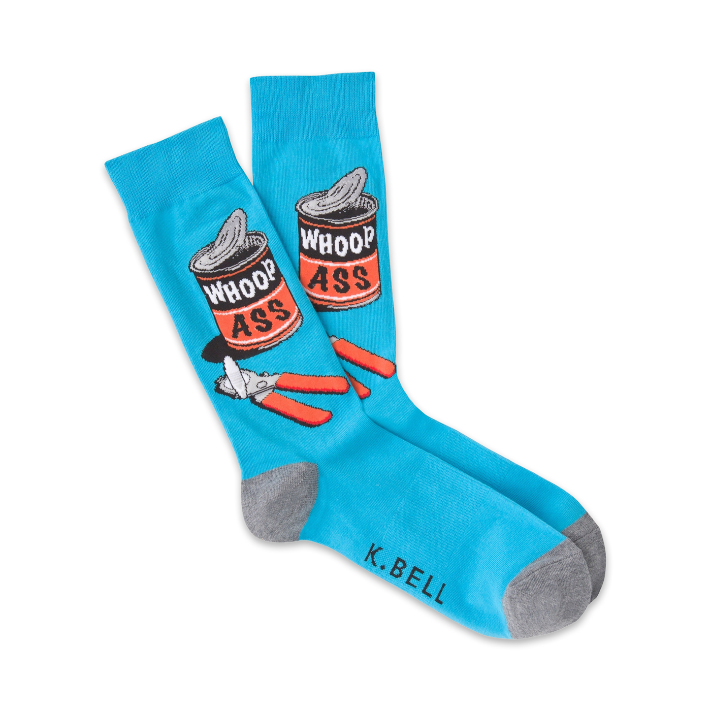 Pair of blue crew socks with a graphic design of a can labeled 'Whoop Ass' and a can opener. Gray cuff.