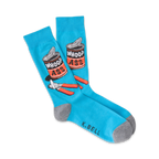 Pair of blue crew socks with a graphic design of a can labeled 'Whoop Ass' and a can opener. Gray cuff.