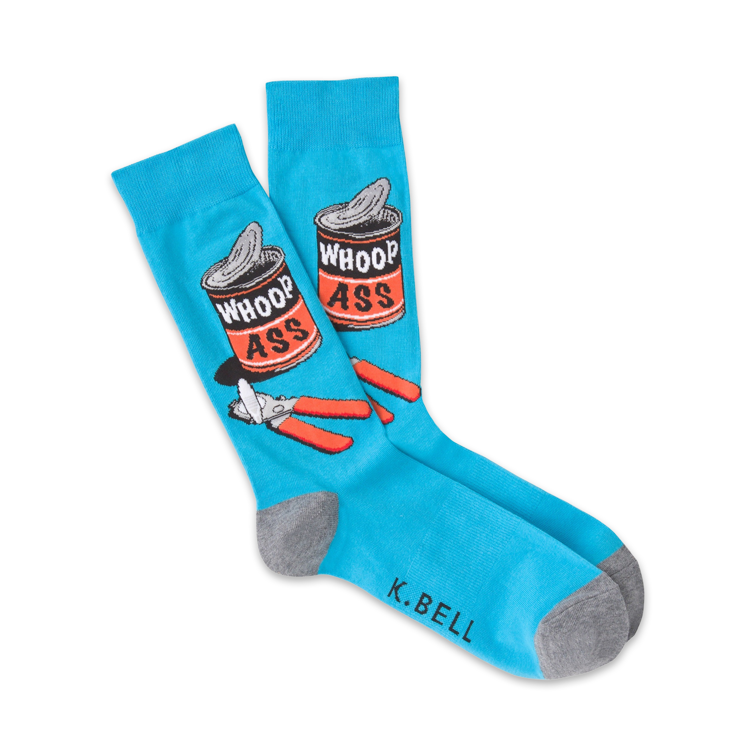 Pair of blue crew socks with a graphic design of a can labeled 'Whoop Ass' and a can opener. Gray cuff.