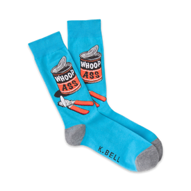 men's blue crew socks with a funny can of whoop ass and can opener design, printed with the words 'whoop ass.'  